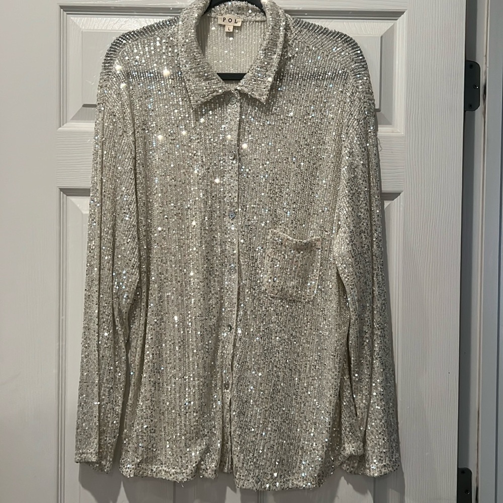 POL silver sequin button down top size Large